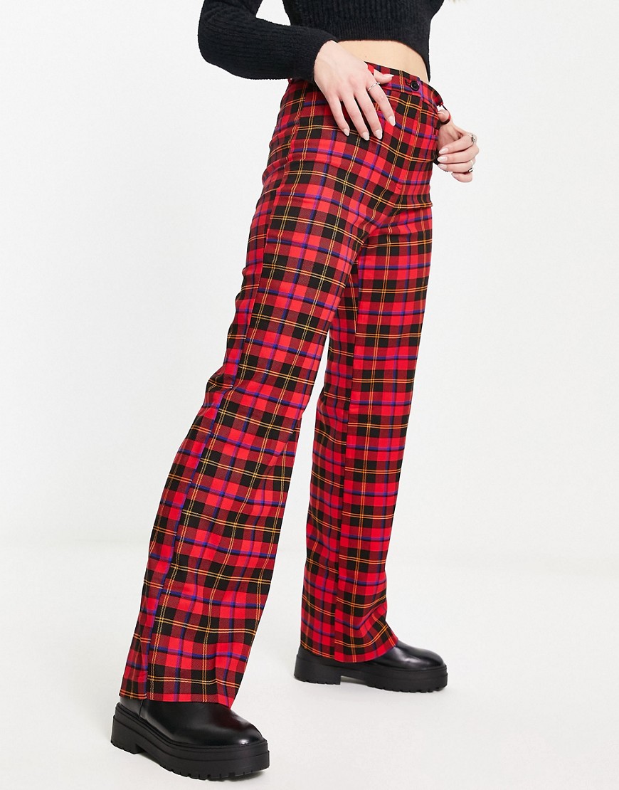 Monki tailored pants in red tartan plaid
