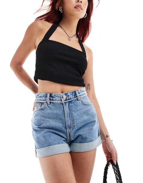 Monki Tallie turn up denim shorts in mid blue - view 1