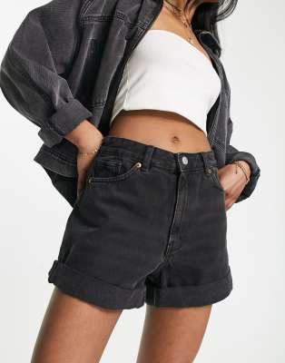 Monki Tallie turn-up denim shorts in washed black