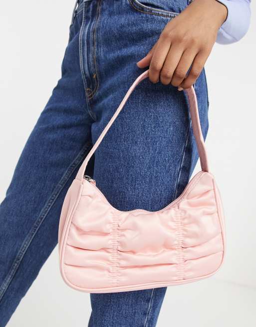 Monki Tanya recycled ruched satin shoulder bag in light pink