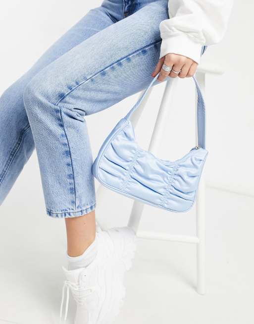 Monki Tanya ruched satin shoulder bag in light blue MBLUE ASOS