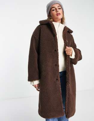 Monki teddy coat in brown