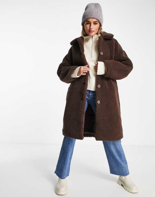 Monki teddy coat in brown