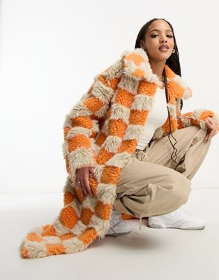 Monki teddy coat in checkerboard orange and beige