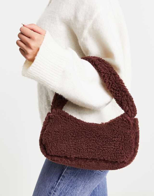 Monki teddy faux fur shoulder bag in dark brown