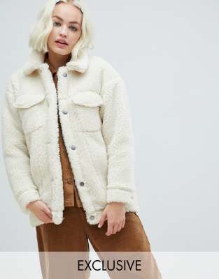 Monki teddy trucker jacket in off white 