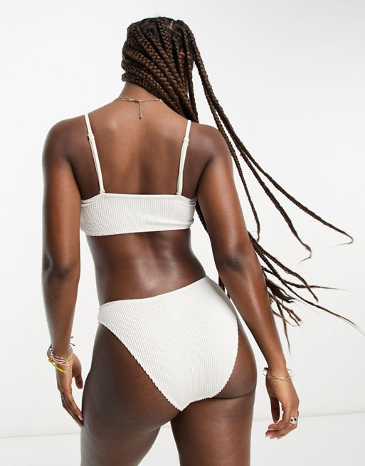 Monki textured bandaue fold front bikini top with adjustable