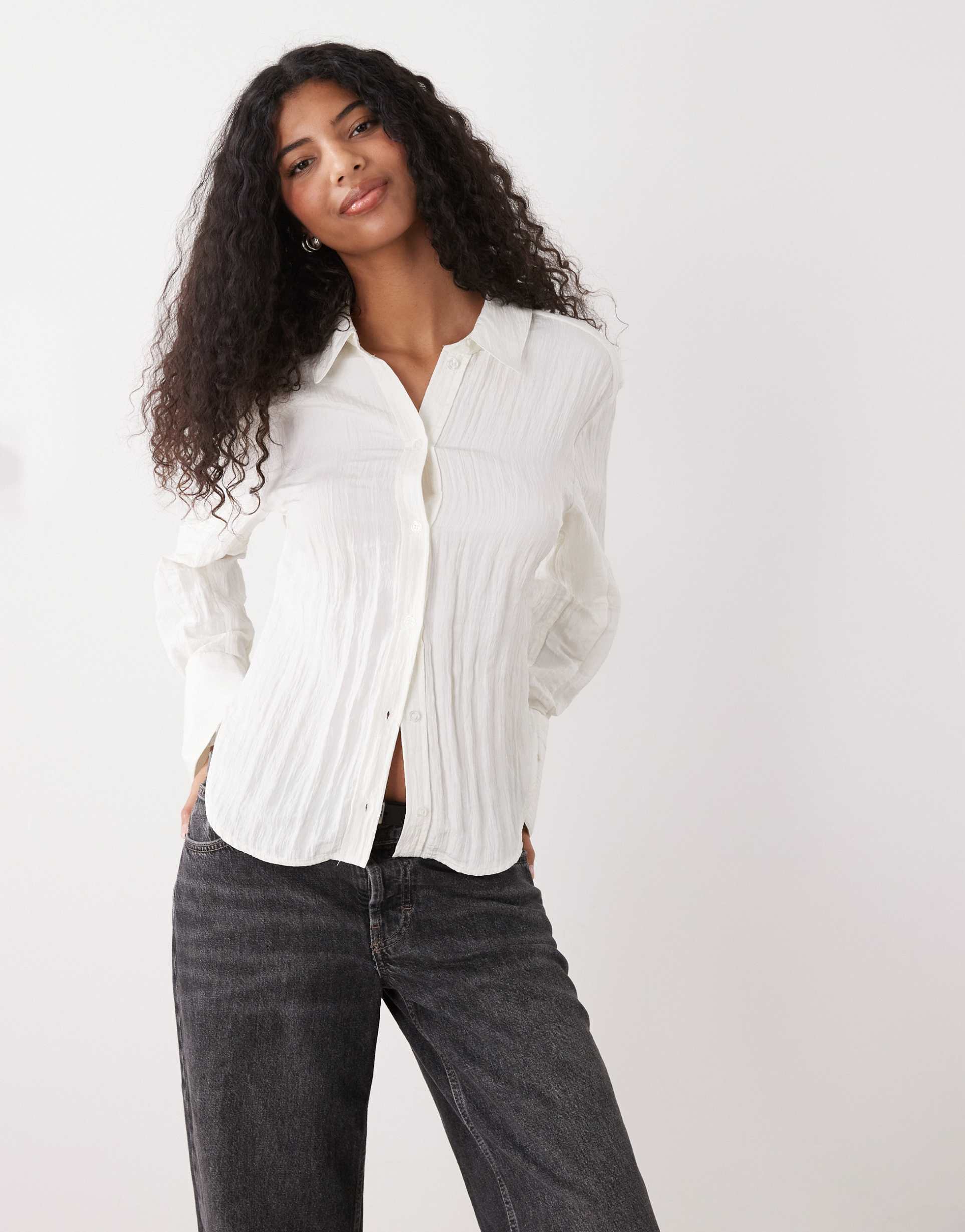 monki textured cinched waist shirt in white