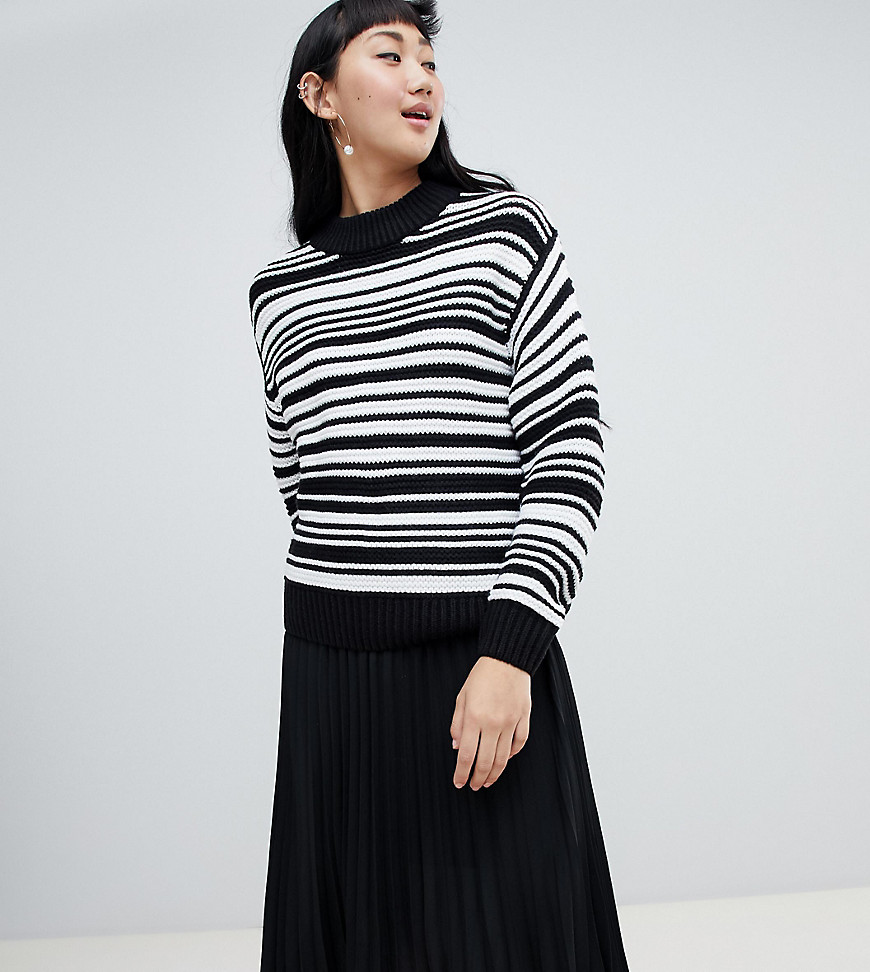 Monki textured crew neck stripe jumper in black and white