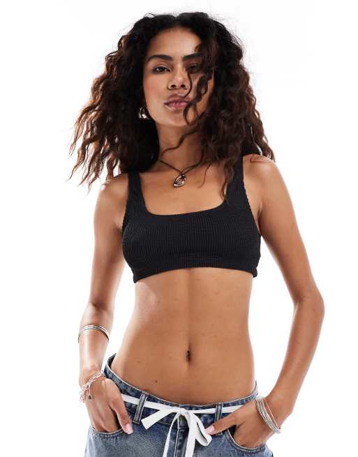 Monki textured crinkle scoop neck bikini top in black
