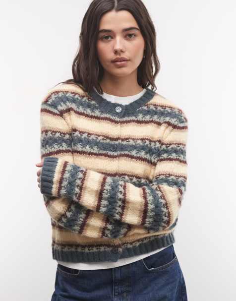 Monki textured knit cardigan in khaki green stripe mix - view 1