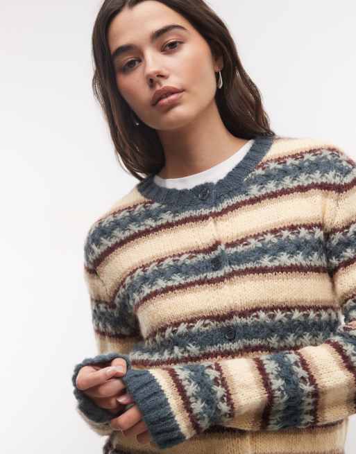 Monki textured knit cardigan in khaki green stripe mix, 3 of 4