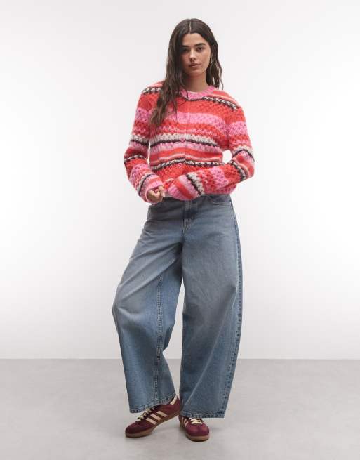 Monki textured knit cardigan in red and pink stripe mix, 2 of 4