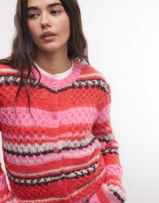 Monki textured knit cardigan in red and pink stripe mix, 3 of 4