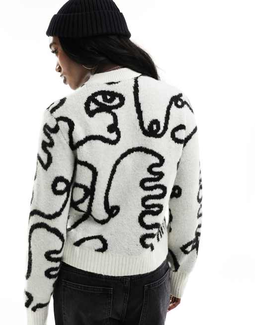 Monki textured knit jumper in white scribble print, 2 of 4