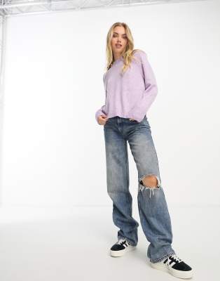 Monki Textured Knit Sweater In Lilac Melange-purple In Purple