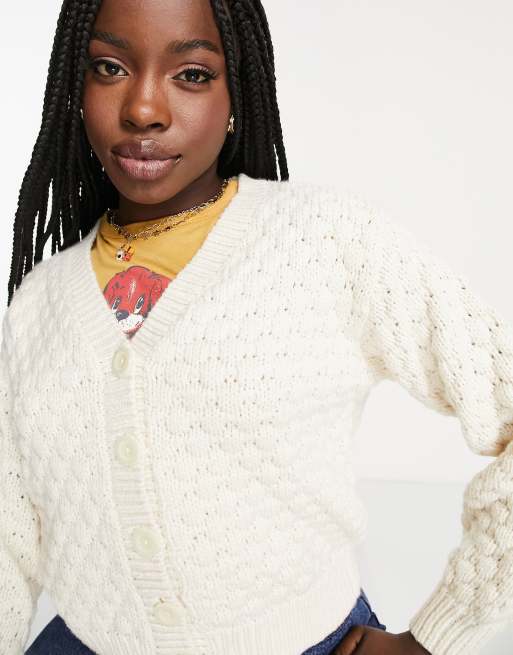 Monki textured knitted cardigan in off white ASOS