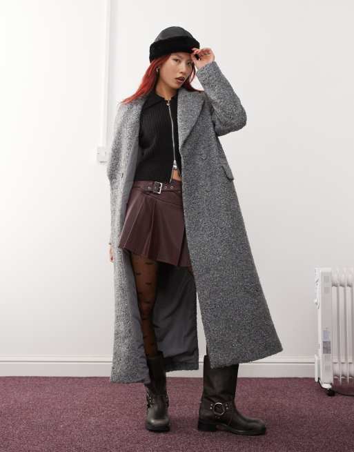 Monki textured long double breasted coat in gray