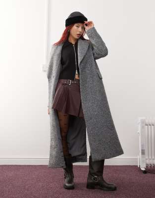 Monki textured long double breasted coat in grey