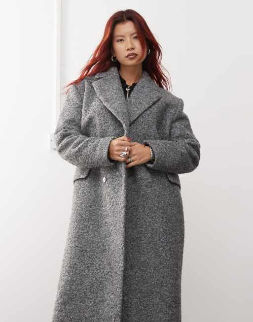 Monki textured long double breasted coat in grey ASOS