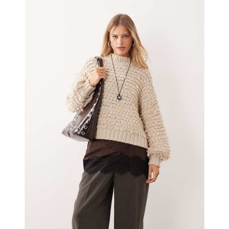 Monki textured oversized knit sweater in beige | ASOS