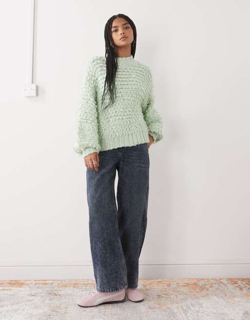 Monki textured oversized knitted jumper in mint green, 3 of 4