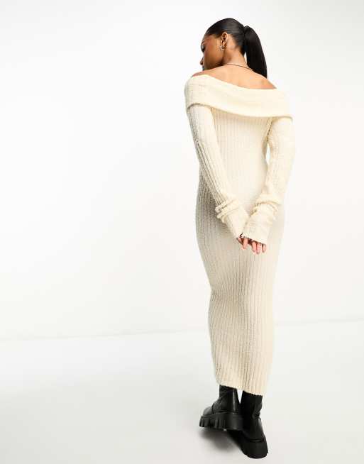 Monki textured rib knitted off the shoulder midi dress in soft white