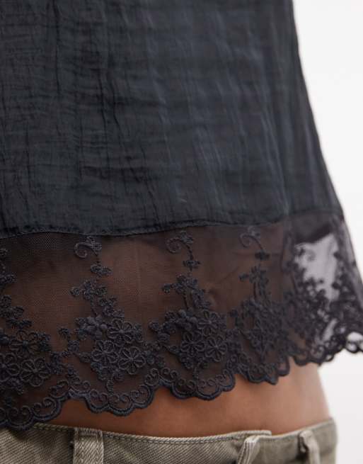 Monki textured satin lace top in black, 3 of 4