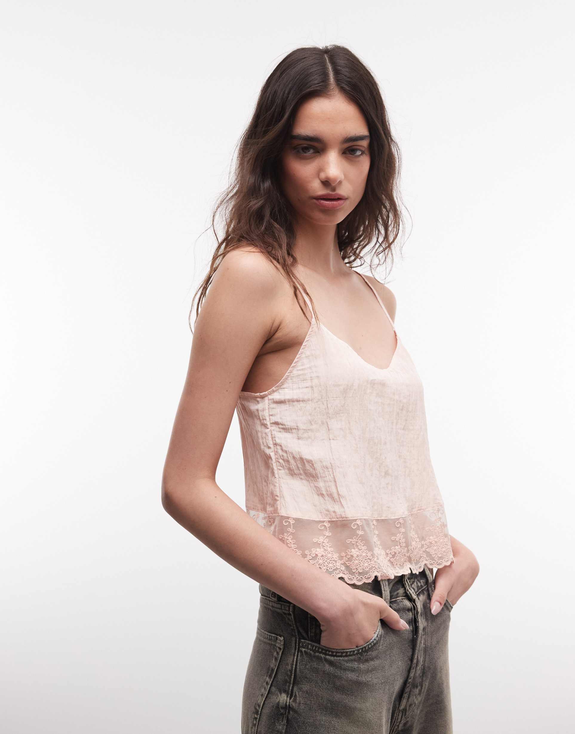 monki textured satin lace top in peach pink