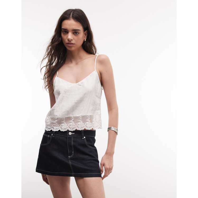 Monki textured satin lace top in white | ASOS