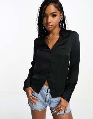 Monki textured shirt in black