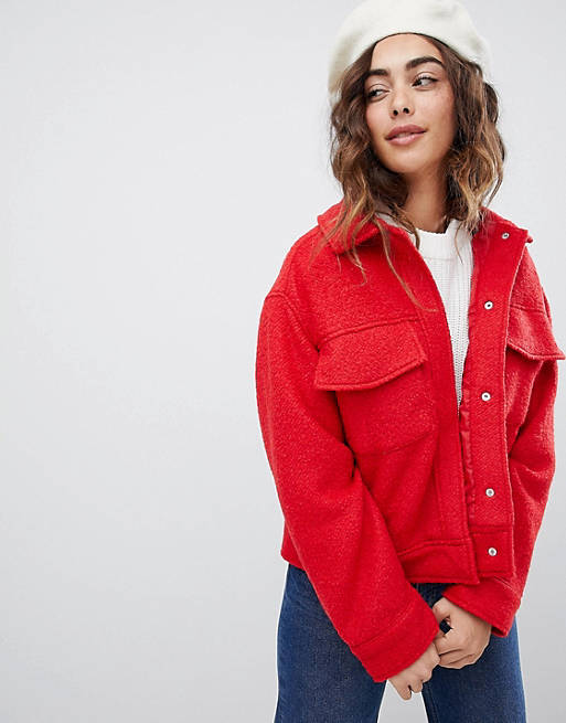 Monki textured short jacket with oversized pockets in red | ASOS