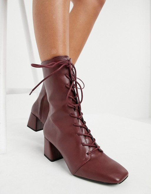 Monki Thelma faux leather lace up heeled boots in burgundy