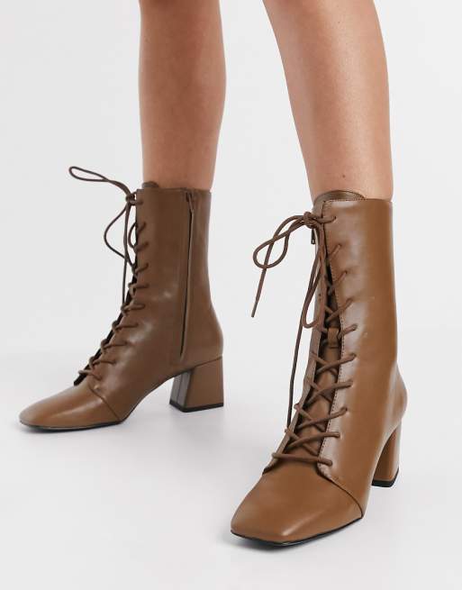 Monki Thelma faux leather lace up heeled boots in tan | ASOS