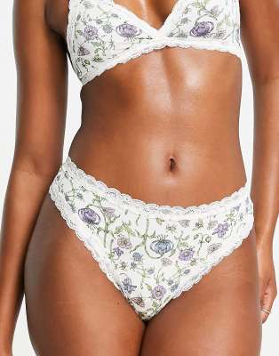 Monki Lace Trim Thong In Garden Print-multi