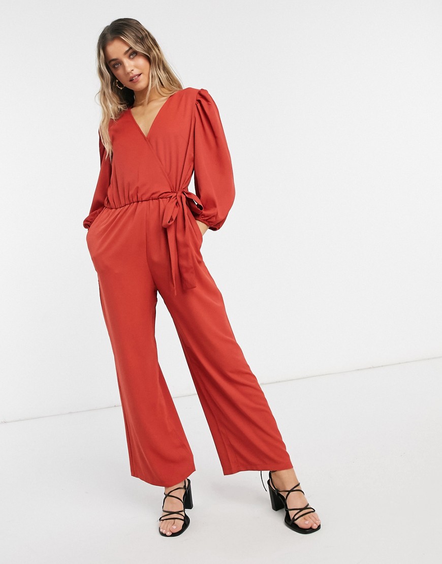 Monki Tia wrap front jumpsuit in rust-Red