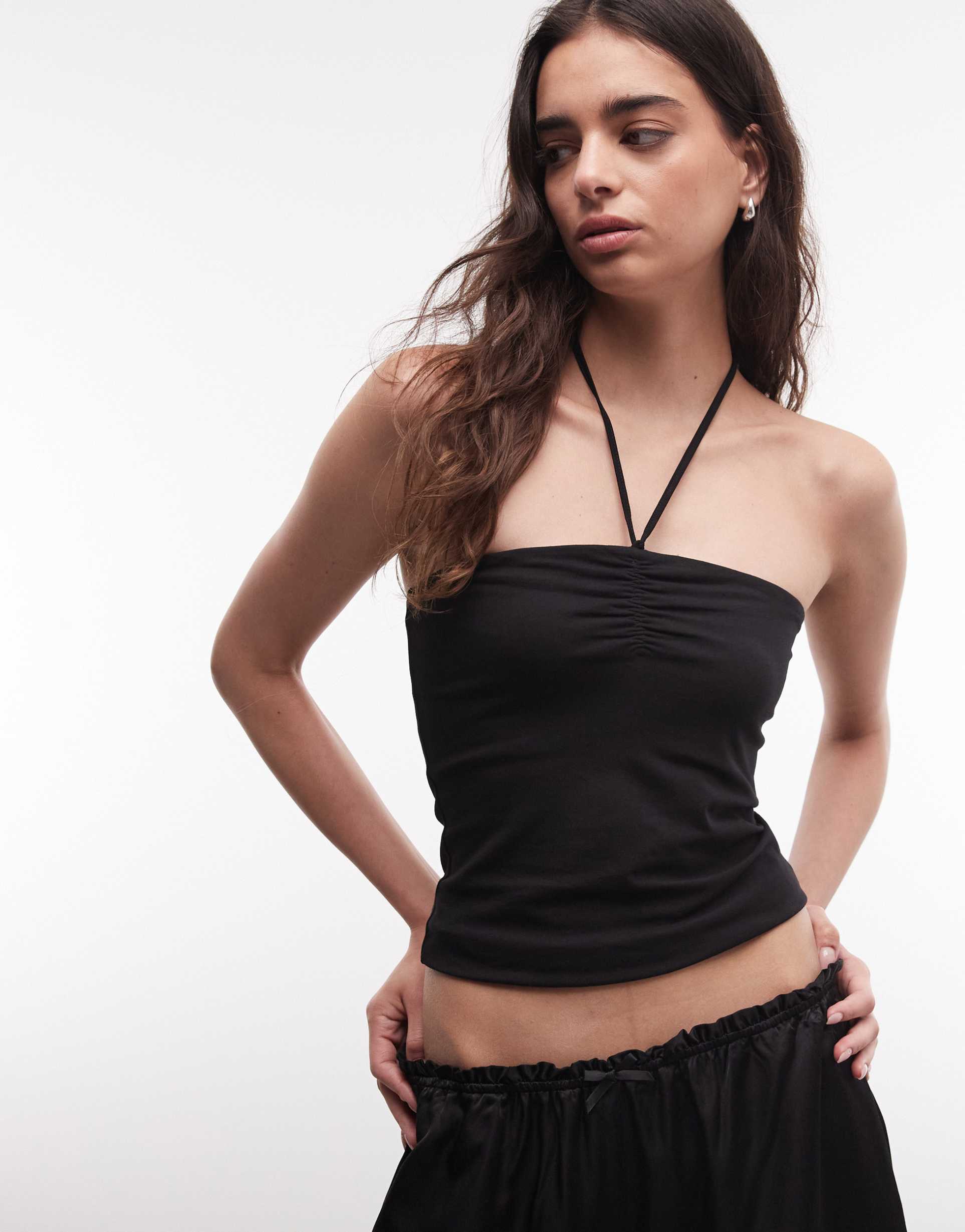 monki tie back halter top in black