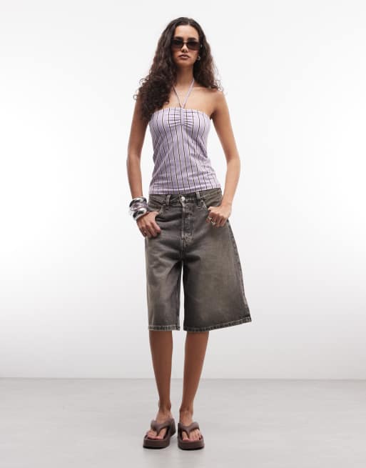 Monki tie back halter top in lilac and white stripes, 3 of 4