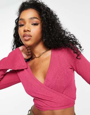 Monki Tie Detail Wrap Top In Pink