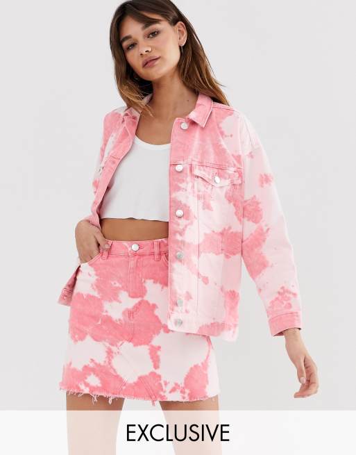 Monki tie dye denim jacket in pink