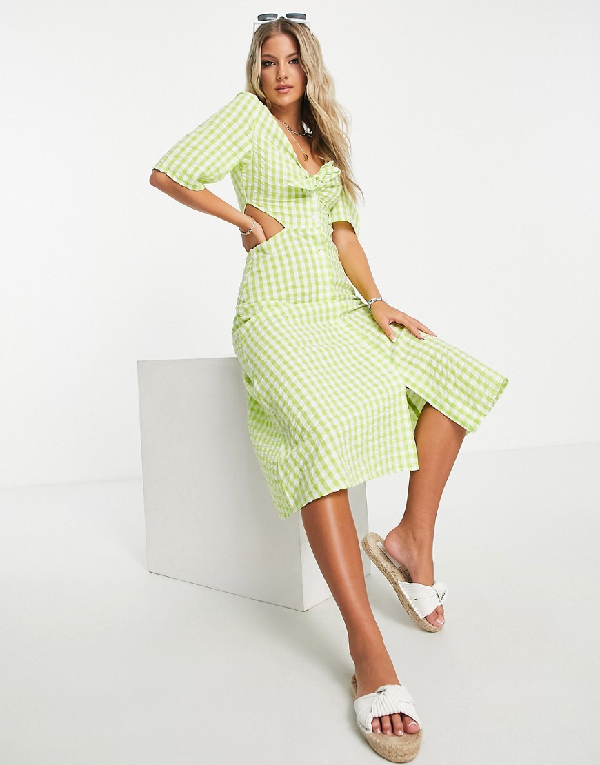 Monki tie front cut out midi dress in green gingham