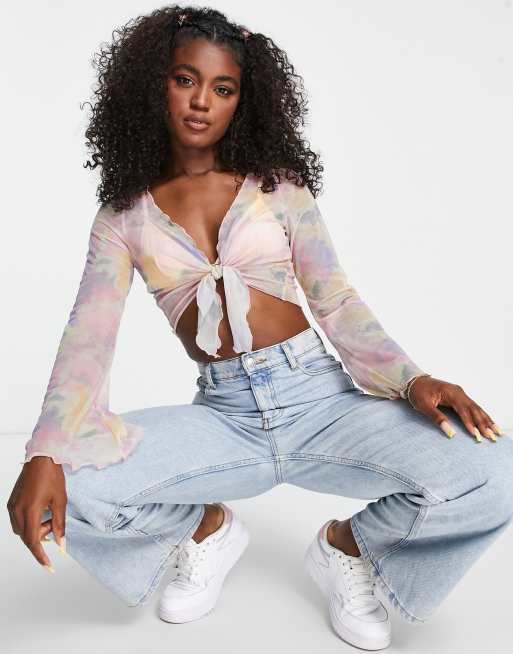 Monki tie front mesh cardigan in pastel tie dye