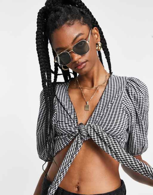 Monki tie front top in black and white gingham print | ASOS
