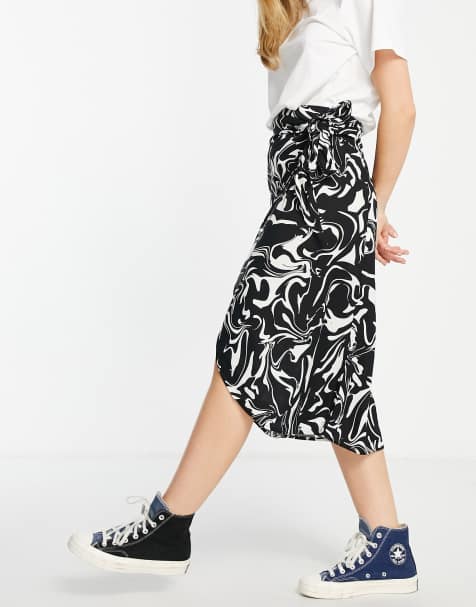 Monki tie side beach skirt in black wave print - view 1