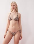 [Monki] Monki tie side bikini bottoms in brown tiger print-Neutral M Beige tiger