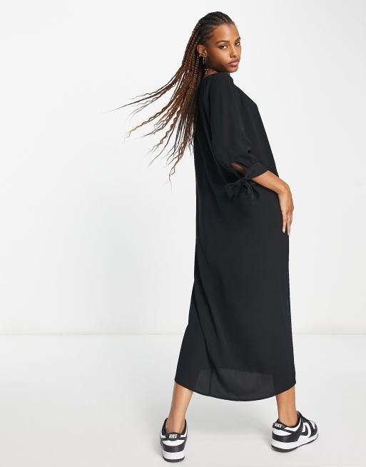 midi dress monki Monki tie sleeve smock midi dress in black