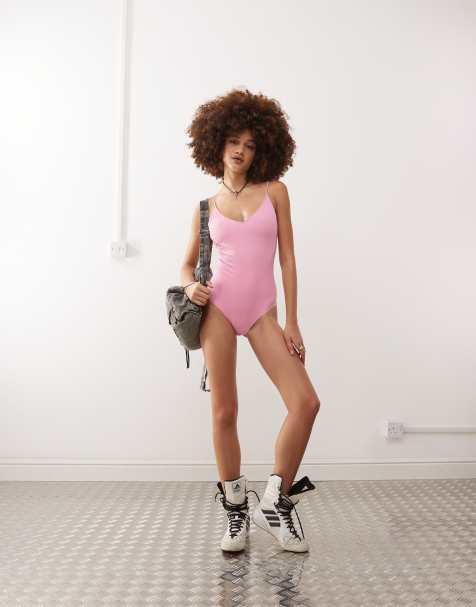 Monki tie up back swimsuit in light dusty pink - view 1
