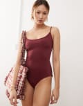 [Monki] Monki tie up back swimsuit in plum-Red M Plum