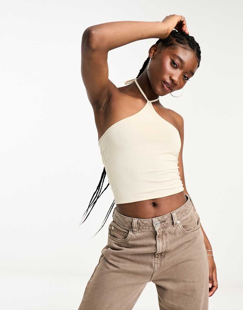 Monki tie up halterneck cropped top in beige