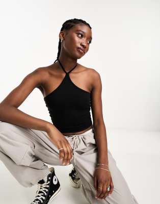 Black Halterneck Ribbed Crop Top, Tops